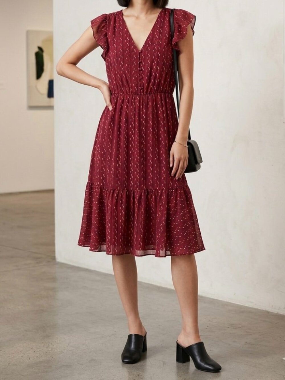 Banana Republic Fit Flare Tiered Dress Dark Red Geometric Sz 4 Office Preppy